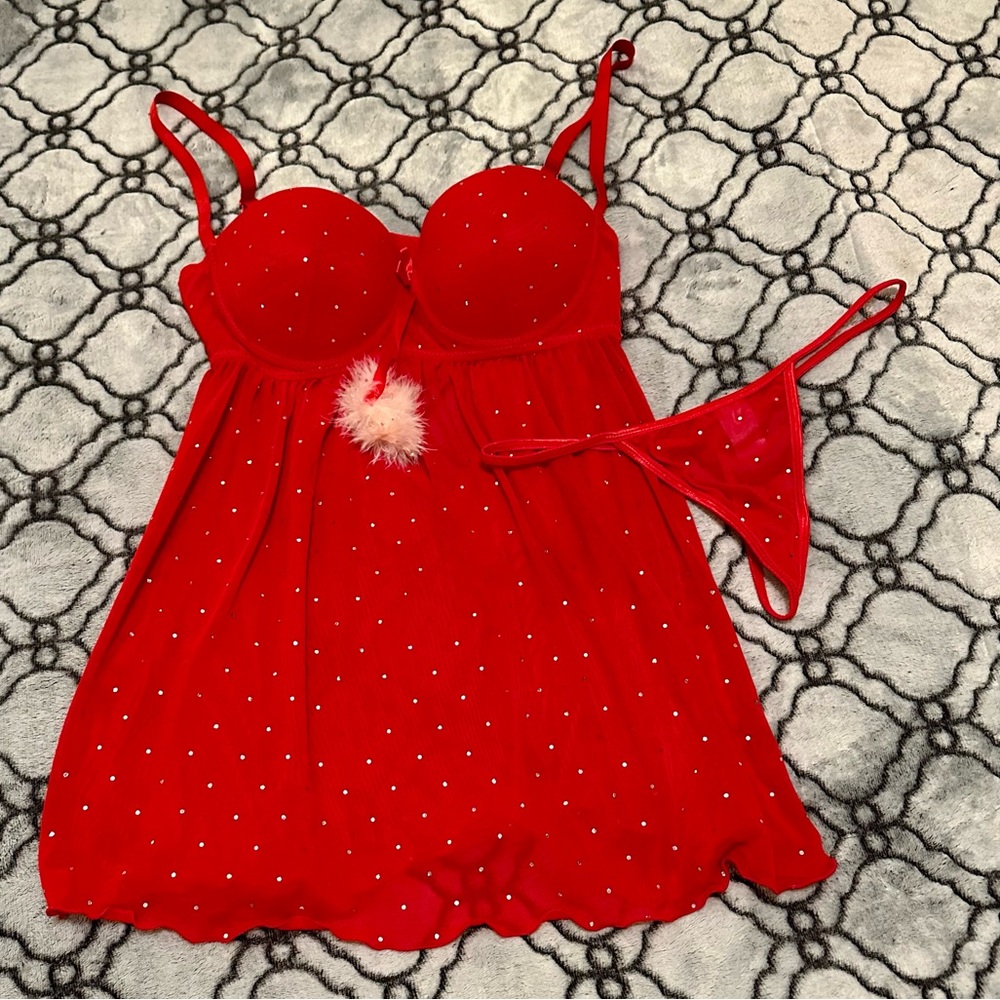 Sexy Red Push Up Bra Lingerie Babydoll Dress with Matching Thong Large